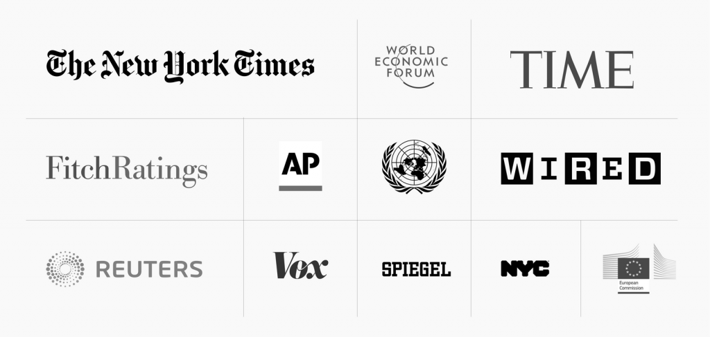 logos of selected Datawrapper customers, like United Nations, the New York Times, Fitch Ratings, World Economic Forum, Reuters, the European Commission, and the City of New York