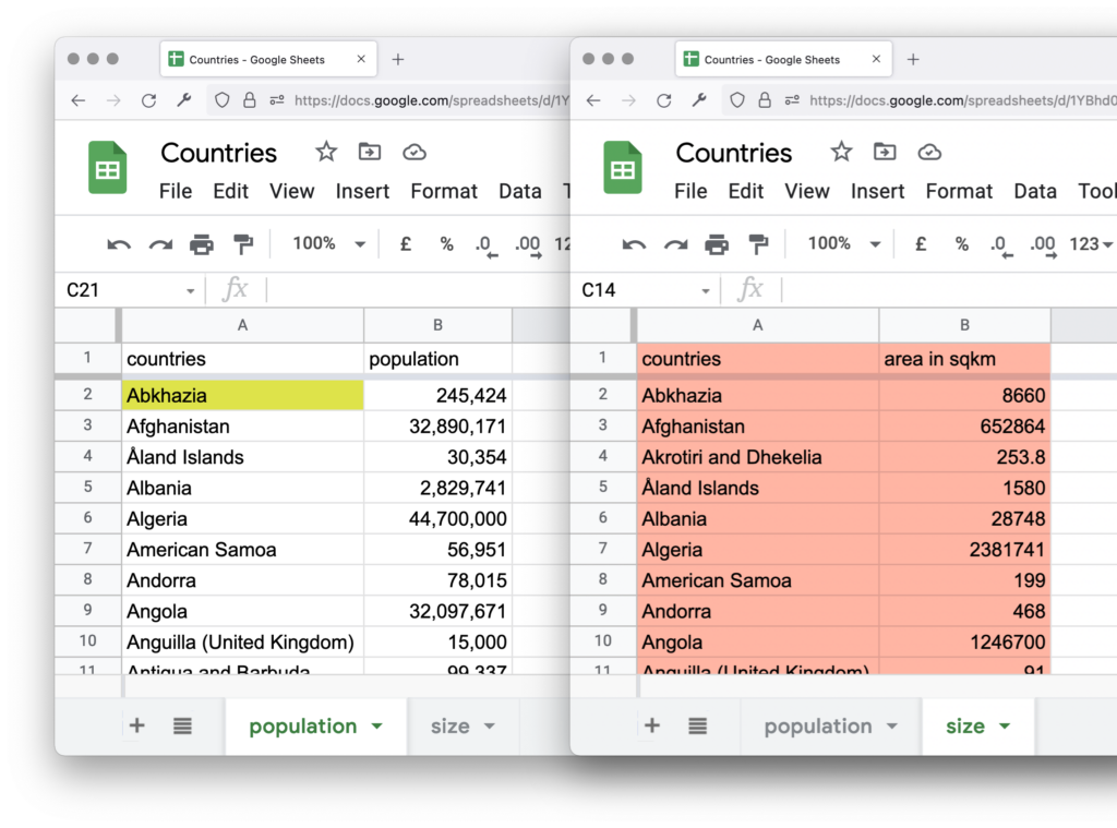 Screenshot of Google Sheets and two sheets. The two columns "countries" and "area in sqkm" in the "size" sheets are highlighted.