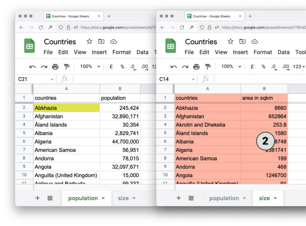 Screenshot of Google Sheets and two sheets. The two columns "countries" and "area in sqkm" in the "size" sheets are highlighted, and there's a big "2" on top of the "area in sqkm" column.