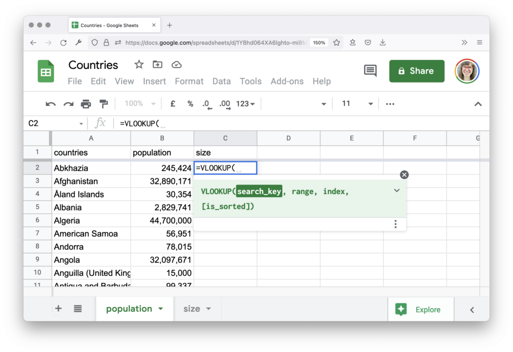 Screenshot of Google Sheet and the VLOOKUP formula