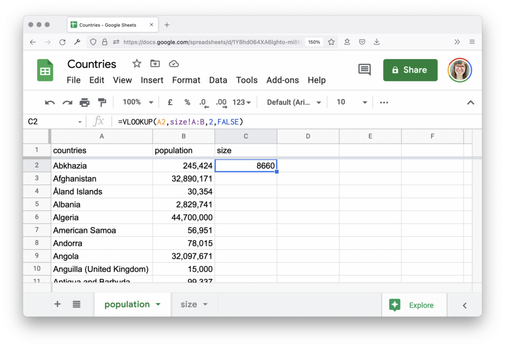 Screenshot of Google Sheets and an applied VLOOKUP formula in the Population sheet.