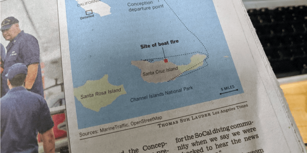 Datawrapper locator map in a printed newspaper. The map shows two islands and a marker "Site of boat fire"