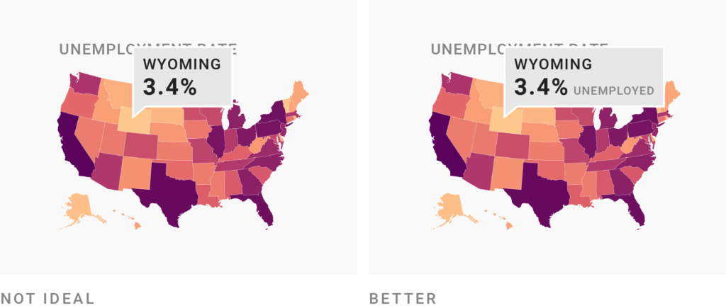 Left side: Choropleth map with the tooltip "Wyoming: 3.4%" that overlaps a now unreadable description. Right side: Same map, but the tooltip states "Wyoming: 3.4% unemployed". 