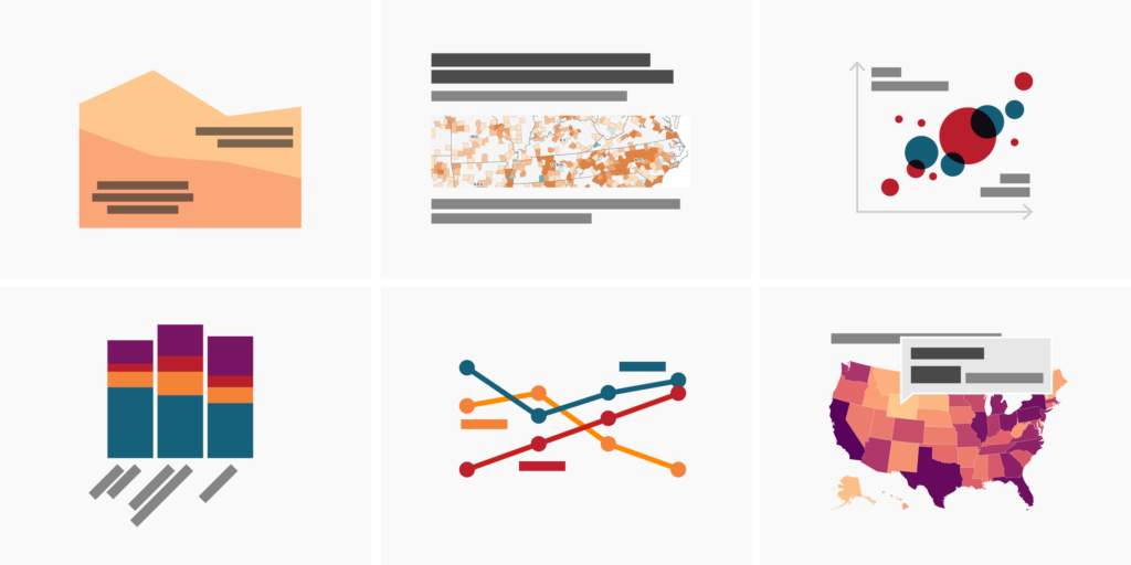 decorative header imagine showing six data visualizations and their abstract use of text