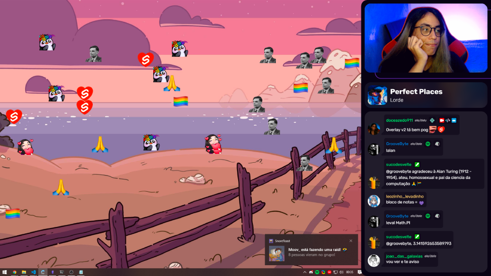 screenshot of Twitch with an illustration of a beach and the ocean, a picture of Doce and a typical Twitch chat