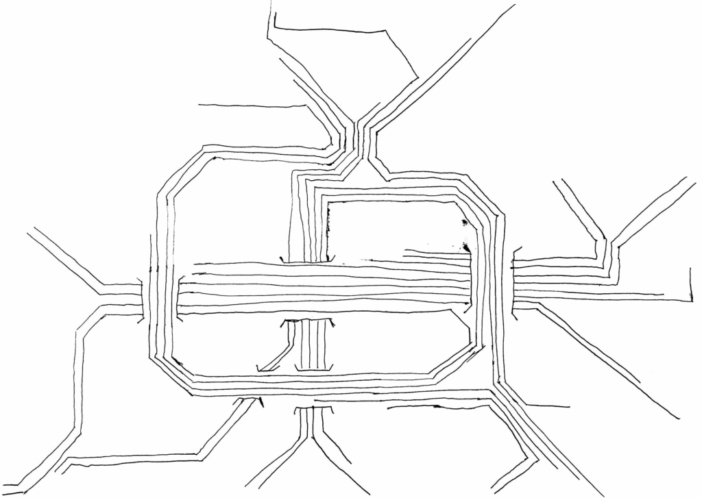 A quick drawing of the S-Bahn network as lanes. It follows the official scheme but instead of one line per S-Bahn numbered route, it displays one line for each pair of trains that pass over 20 minutes. (So S9 remains one line, S75 gets two lines, and S41 and S42 become three lines.) It also violates the actual line composition to avoid in-grade crossings. (For example, nine lines enter Gesundbrunnen from the east: three above from the Ringbahn and six below from the tunnel; and nine lines leave Gesundbrunnen to the west: six above to Bornholmer Str. and three below to Ringbahn. This reflects the actual number of lines entering and leaving Gesundbrunnen, but disregards the fact that the three lines entering it from Ringbahn are also leaving it to Ringbahn, instead making it look as if all three trains traveling towards Gesundbrunnen from Jungfernheide then went on to pass through Bornholmer Straße)