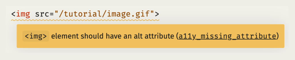 Screenshot of a small HTML code snippet. An image tag without alt attribute is shown; Svelte warns that image elements should have an alt attribute.